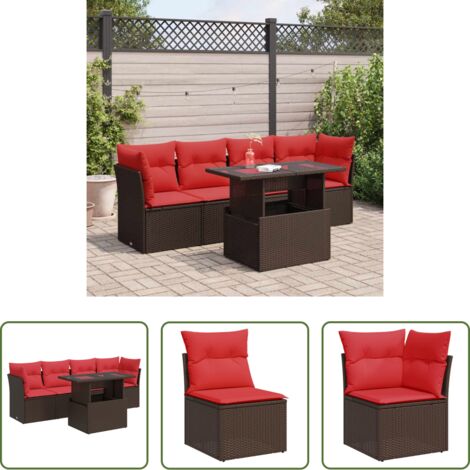 Sedute da giardino -  Set Divano da Giardino 5 pz Cuscini Marrone Polyrattan e Acacia