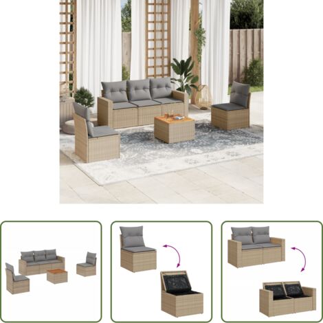 Sedute da giardino -  Set Divano da Giardino 6 pz con Cuscini Beige Misto Polyrattan