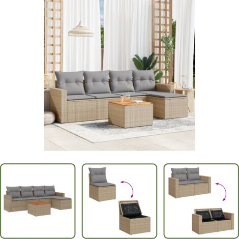 Sedute da giardino -  Set Divano da Giardino 6 pz con Cuscini Beige Misto Polyrattan