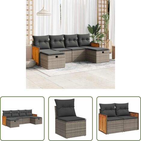Sedute da giardino -  Set Divano da Giardino 6 pz con Cuscini Grigio in Polyrattan