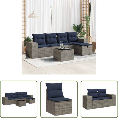 Sedute da giardino -  Set Divano da Giardino 6 pz con Cuscini Grigio in Polyrattan