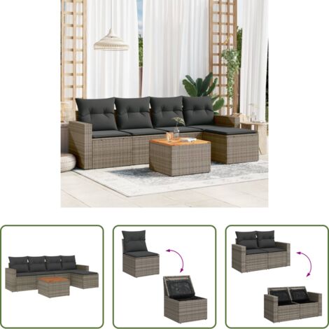 Sedute da giardino -  Set Divano da Giardino 6 pz con Cuscini Grigio in Polyrattan