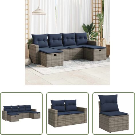 Sedute da giardino -  Set Divano da Giardino 6 pz con Cuscini Grigio in Polyrattan
