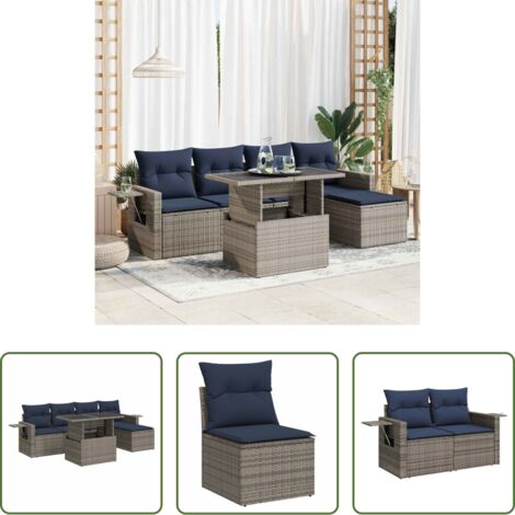 Sedute da giardino -  Set Divano da Giardino 6 pz con Cuscini Grigio Polyrattan Acacia