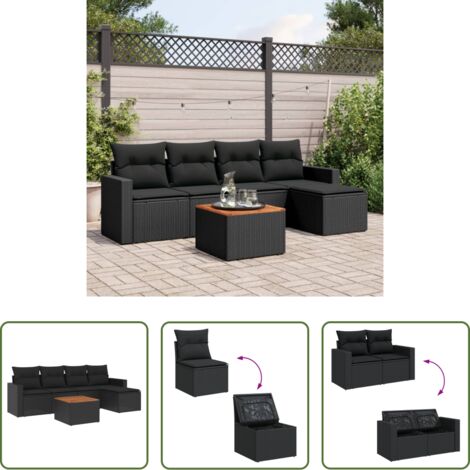 Sedute da giardino -  Set Divano da Giardino 6 pz con Cuscini Nero in Polyrattan