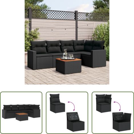 Sedute da giardino -  Set Divano da Giardino 6 pz con Cuscini Nero in Polyrattan