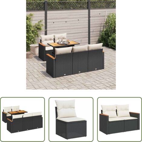 Sedute da giardino -  Set Divano da Giardino 6 pz con Cuscini Nero Polyrattan Acacia