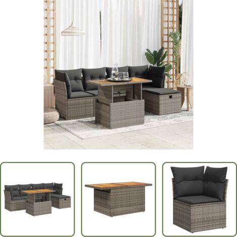 Sedute da giardino -  Set Divano da Giardino 6pz con Cuscini Grigio Polyrattan Acacia