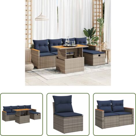 Sedute da giardino -  Set Divano da Giardino 6pz con Cuscini Grigio Polyrattan Acacia