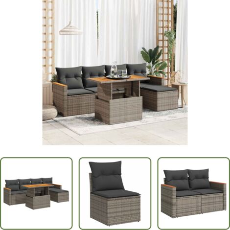 Sedute da giardino -  Set Divano da Giardino 6pz con Cuscini Grigio Polyrattan Acacia