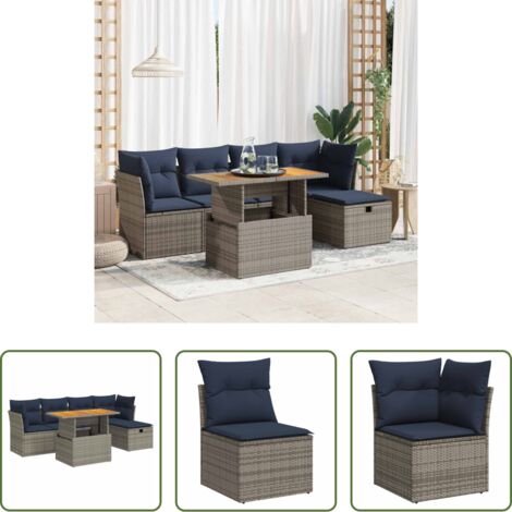 Sedute da giardino -  Set Divano da Giardino 6pz con Cuscini Grigio Polyrattan Acacia
