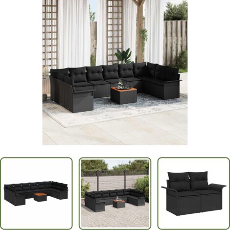 Sedute da giardino -  Set Divano da Giardino con cuscino 11 pcs Nero polyrattan