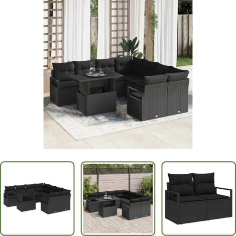Sedute da giardino -  Set Divano da Giardino con cuscino 9 pcs Nero Poly Rattan