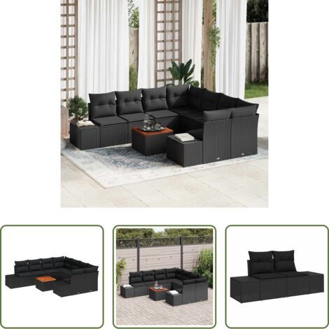 Sedute da giardino -  Set Divano da Giardino con cuscino 9 pcs Nero polyrattan