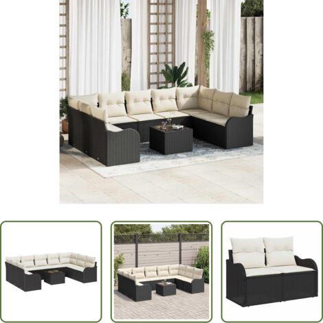 Sedute esterne -  Set Divano da Giardino 10 pcs Nero e bianco Poly Rattan