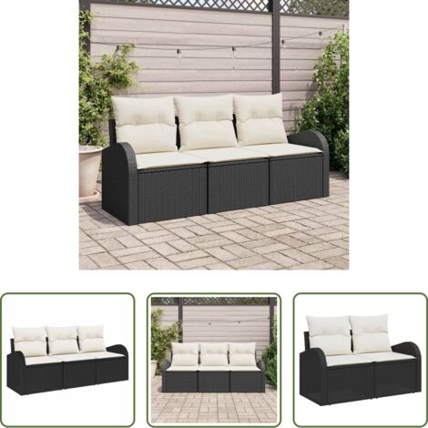 Sedute esterne -  Set Divano da Giardino con cuscino 3 pcs Nero Poly Rattan