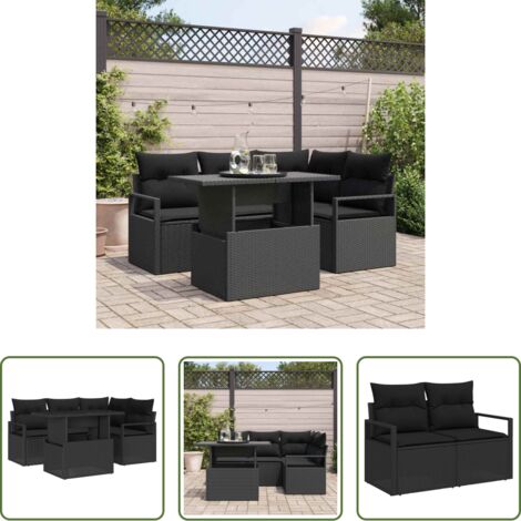 Sedute esterne -  Set Divano da Giardino con cuscino 5 pcs Nero Poly Rattan