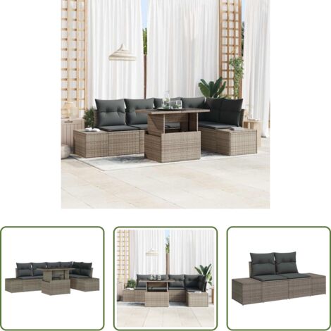 Sedute esterne -  Set Divano da Giardino con cuscino 6 pcs Grigio Poly Rattan