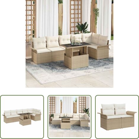 Sedute esterne -  Set Divano da Giardino con cuscino 7 pcs Beige Poly Rattan