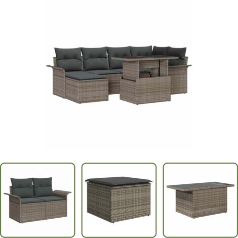 Sedute esterne -  Set Divano da Giardino con cuscino 7 pcs Grigio Poly Rattan