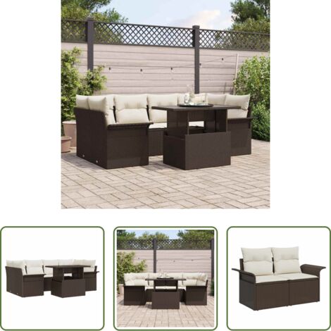 Sedute esterne -  Set Divano da Giardino con cuscino 7 pcs Marrone polyrattan