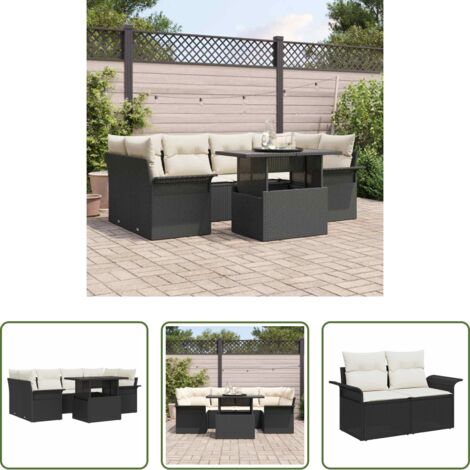 Sedute esterne -  Set Divano da Giardino con cuscino 7 pcs Nero Poly Rattan