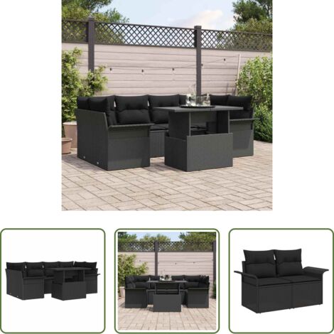 Sedute esterne -  Set Divano da Giardino con cuscino 7 pcs Nero Poly Rattan