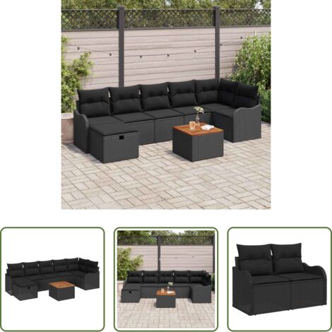 Sedute esterne -  Set Divano da Giardino con cuscino 8 pcs Nero Poly Rattan