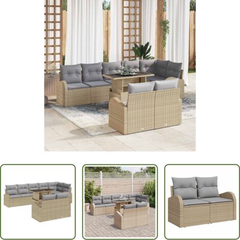 Sedute esterne -  Set Divano da Giardino con cuscino 9 pcs Beige Poly Rattan