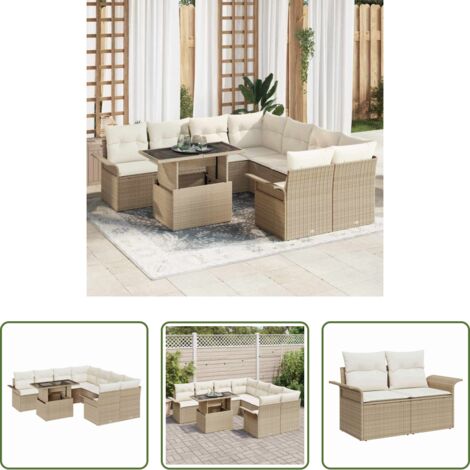 Sedute esterne -  Set Divano da Giardino con cuscino 9 pcs Beige Poly Rattan