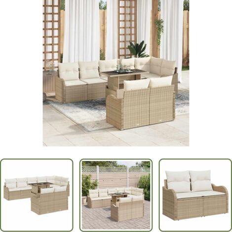 Sedute esterne -  Set Divano da Giardino con cuscino 9 pcs Beige Poly Rattan