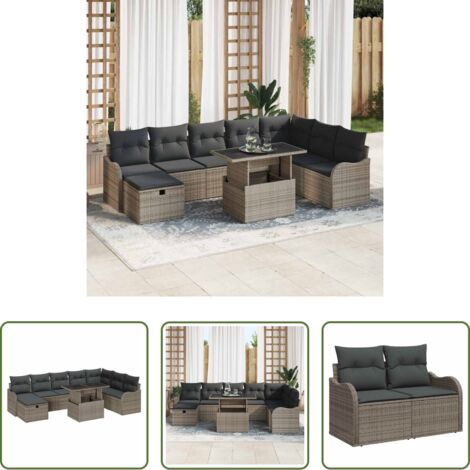 Sedute esterne -  Set Divano da Giardino con cuscino 9 pcs Grigio Poly Rattan