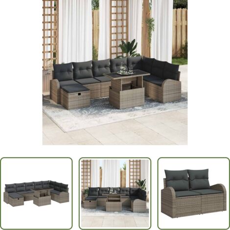 Sedute esterne -  Set Divano da Giardino con cuscino 9 pcs Grigio Poly Rattan