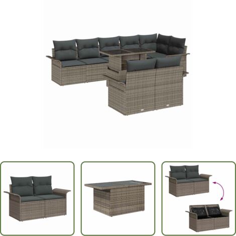 Sedute esterne -  Set Divano da Giardino con cuscino 9 pcs Grigio Poly Rattan