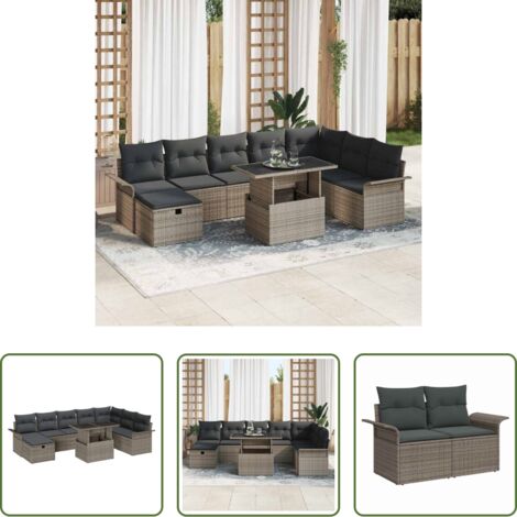 Sedute esterne -  Set Divano da Giardino con cuscino 9 pcs Grigio Poly Rattan