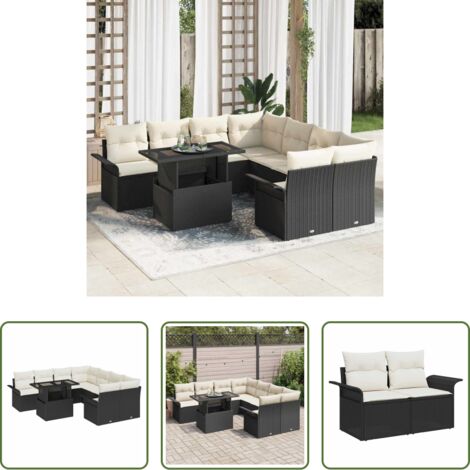 Sedute esterne -  Set Divano da Giardino con cuscino 9 pcs Nero Poly Rattan