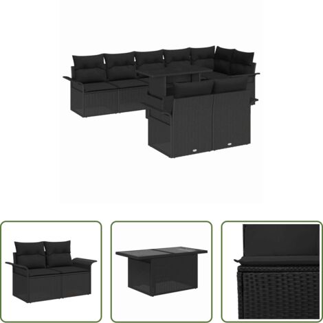 Sedute esterne -  Set Divano da Giardino con cuscino 9 pcs Nero Poly Rattan