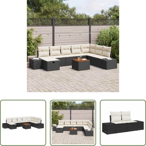 Sedute esterne -  Set Divano da Giardino con cuscino 9 pcs Nero polyrattan