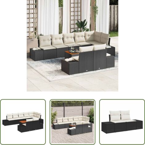 Sedute esterne -  Set Divano da Giardino con cuscino 9 pcs Nero polyrattan