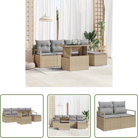 Sedute in polyrattan -  Set Divano da Giardino 6 pcs beige e grigio chiaro polyrattan