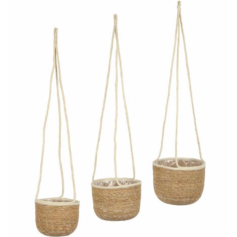 Seegras Blumenampel 3er Set natur - 23 / 20 / 17 cm - Deko Korbset zum Hängen - Pflanzkorb Blumenkorb Pflanztopf Übertopf Hängekorb Aufbewahrungskorb hängend