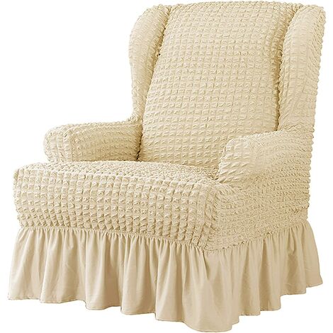 Seekers Stretch Wing Back Chair Cover with Skirt 1 Piece Light Khaki Wing Chair Cover Wing Back Armchair Cover Sofa Cover Non-Slip Washable Furniture Cover (Light Khaki)