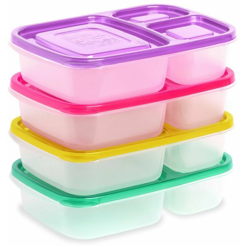 Bento Lunch Box à 3 Compartiments (Lot de 4) - Adaptée pour Micro-Ondes, Lave-Vaisselle et Congélateur - Boite Repas Emboîtable en Plastique Étanche