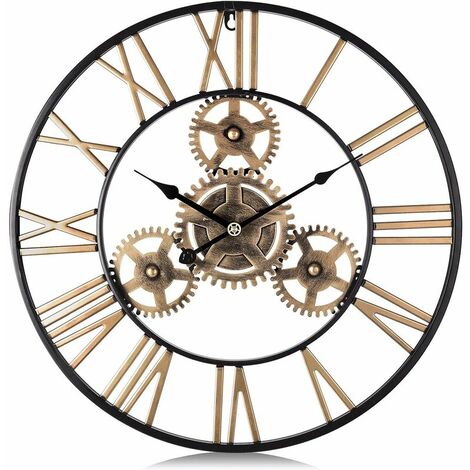 SEENLIN Horloge Murale Engrenages Or Geante Métal Industrielle 50cm Pendule Murale Quartz Chiffres Romains Silencieuse pour Salon Bar Restaurant