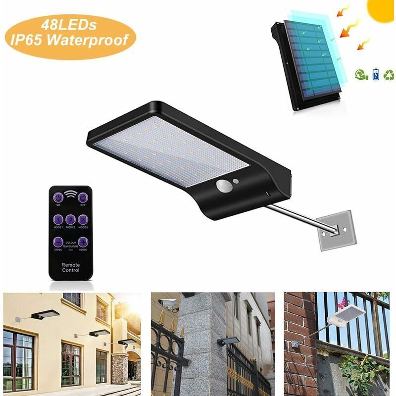 Lampe Solaire Exterieur 48 led Détecteur de Mouvement Lumière Dimmable avec Télécommande Sans Fil Étanche Lampe Solaire pour Porte Couloir Patio Noir