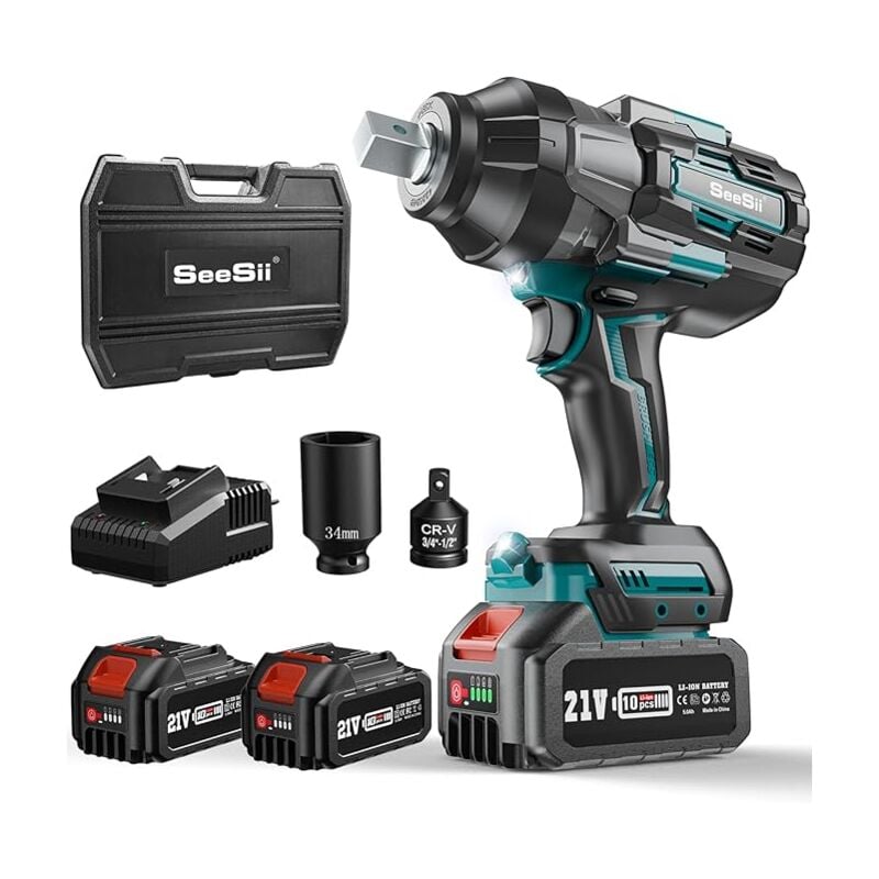 1600Nm Akku-Schlagschrauber, 3/4'' Schlagschrauber Akku Bürstenlos mit 2 5000mAh Akku, 3-Gang-Getriebe, Außenvierkant-Aufnahme, 3/4'' auf 1/2''