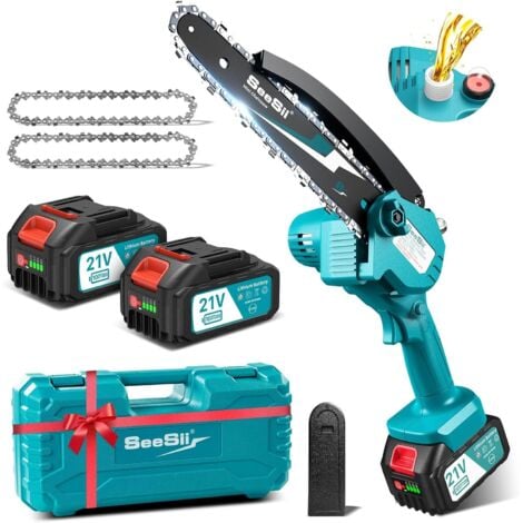 SEESII 8 Pouces Mini Tronçonneuse à Batterie 2x4000mAh, Tronçonneuse Électrique sans Fil avec Injecteur de Lubrifiant et Chaîne de Remplacement, Mini Scie à Chaîne Électrique pour Jardin