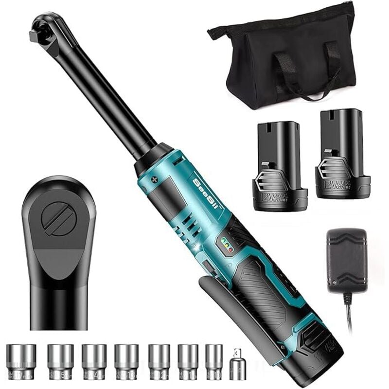 Clé à cliquet sans fil, 3/8' 55NM 15CM Longue portée Kit clé à cliquet sans fi, 2x2.0Ah batteries Charge rapide 400 t/mn Clé à cliquet Vitesse