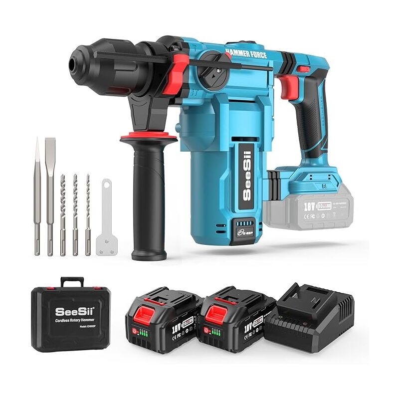 Seesii - Marteau Perforateur Sans Fil: 2 x 5000mAh Batteries, 4,3 j, Moteur Sans Brosse, SDS-plus, Perforateur Burineur Pour le Perçage à Percussion