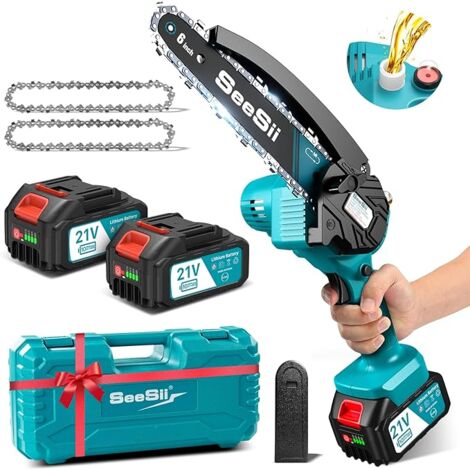 Seesii Mini Kettensäge mit Akku 8000mAh 6 Zoll, Mini Kettensäge Elektro mit Automatischer Öler und 2 Akku 4000mAh, Handkettensäge Akku für Gartenscheren Astschere Holzschneidenz